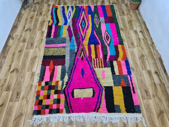 Handmade Wool Boujaad Rug: Colorful Abstract Moroccan Carpet