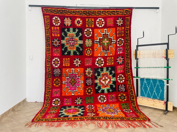 Handmade Red Wool Area Rug - Geometric Design for Living Room & Bedroom - Vintage Hand Knotted Rug - Home Decor Rug