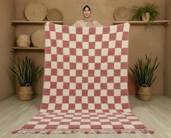 Moroccan Pink Checkered Wool Rug, Custom Beni Ourain Rug