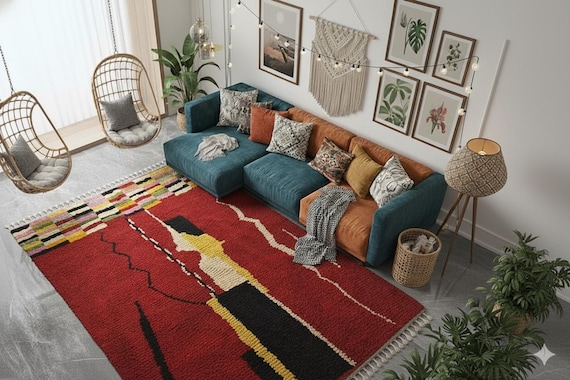 Personalized Red Wool Moroccan Rug – Geometric Area Rug, Modern Decor