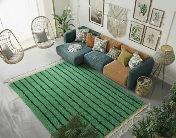 Handmade Wool Berber Rug, Green Striped Moroccan Rug, 12x15