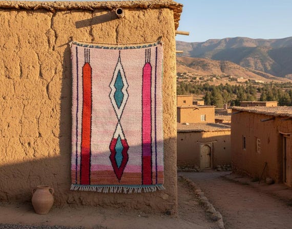 Soft Pink Shaggy Wool Moroccan Rug | Custom Beni Ourain Style Area Rug | Living Room Decor