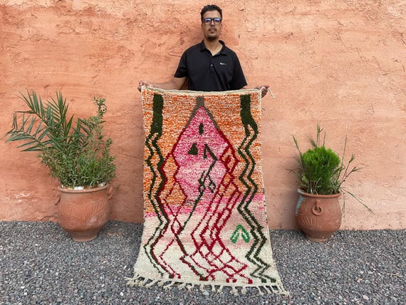 Custom Moroccan Boujad Rug: Hand-Knotted Wool, Colorful Bohemian Carpet