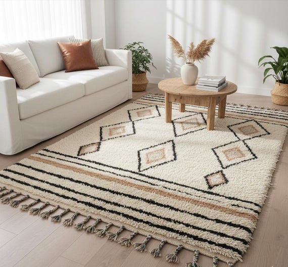 Handmade Beni Ourain Moroccan Rug | Cream Wool Area Rug | Geometric Diamond Boho Living Room Carpet | BERBERUGALLERY