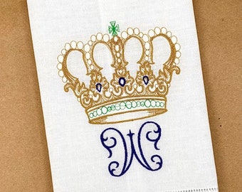 Mardi Gras Crown Linen Tea Towel, Embroidered Initial for hostess, Debutante, Housewarming