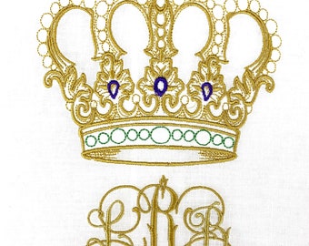 Embroidered Mardi Gras Crown Tea Towel, Personalized Initial Linen Guest Towel for Hostess, Debutante, Housewarming