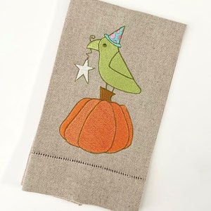 Halloween Tea Towel with Pumpkin & Raven - Quirky Gift for Housewarming, Hostess, Wedding, or Bridal Shower