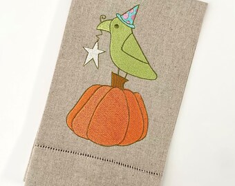 Halloween Raven & Pumpkin Tea Towel – Embroidered Linen Kitchen Decor