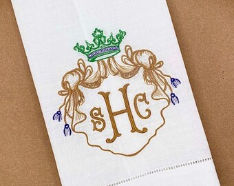 Mardi Gras Linen Guest Towel, Embroidered Crest, Personalized Monogram