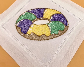 Embroidered Mardi Gras King Cake Linen Napkins, Set of 4