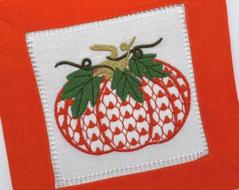 Embroidered Pumpkin Linen Coasters – Orange Border, Halloween Napkins