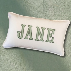 May include: A rectangular white pillow with the name "JANE" embroidered in green, decorative lettering. The pillow has a soft, plush appearance and a white border. The background is a textured, muted green surface.