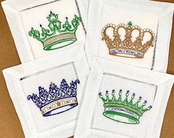 Mardi Gras Embroidered Crown Cocktail Napkins, White Linen Hemstitch, Set of 4