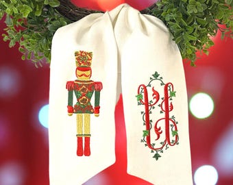 Personalized Christmas Wreath Sash – Nutcracker, Embroidered Monogram, Linen