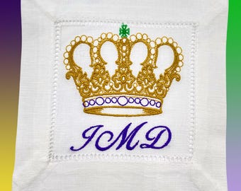 Embroidered Linen Mardi Gras Crown Napkins, Personalized Hostess Gift (Set of 4)
