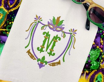 Mardi Gras Crest and Initial Kitchen or Bar Towel - Personalized Parade Hostess Gift
