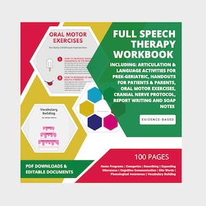 Peut inclure: Une couverture de classeur illustrée en vert, jaune et rouge pour la thérapie de la parole. Le titre est "Full Speech Therapy Workbook". La couverture comprend le texte "Evidence-Based" et "100 Pages".