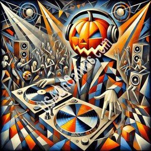 A surreal Cubist scene featuring a cool DJ with a pumpkin for a head, spinning records at a lively Halloween party.  Halloween Canvas Prints