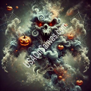 A surreal image of a ghostly figure made up of smoky vampires and pumpkins.   Fall Decor, Vintage Decor, Halloween Decor
