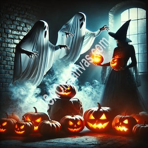 Two ghosts and a witch fighting over pumpkinsv- Vintage Farmhouse Decor, Halloween Decor, Farmhouse Art, Framed haloween, Canvas Prints