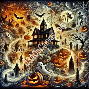 A Halloween-themed painting that blends spooky atmosphere, costume party, haunted house, pumpkin carving Framed Prints Haloween, Wall Decor