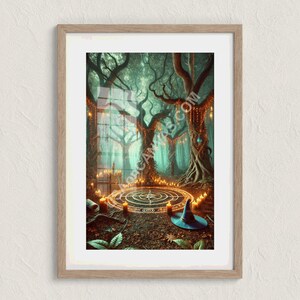Mystical Witchcraft Ritual in Enchanted Forest – Halloween Wall Art, Magical Forest Scene, Spooky Witchy Decor, Candlelit Spell Circle