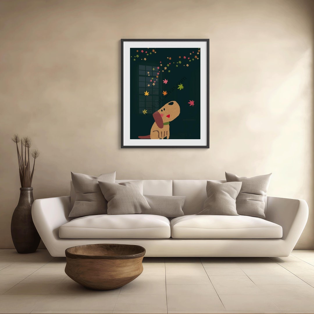 Cute Fall Dog Wall Art - Whimsical Autumn Leaves Print - Cozy Pet Lover ...