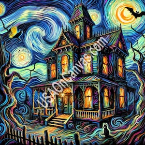 A spooky haunted house van Gogh Style - Vintage Farmhouse Decor, Halloween Decor, Farmhouse Art, Framed haloween, Canvas Prints