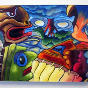 May include: Abstract painting with multiple colorful faces and a background of blue and green clouds. The faces are stylized and have exaggerated features.