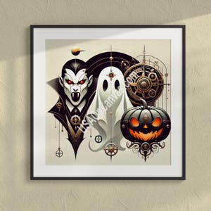 A vampire, a ghost, and a pumpkin with Steampunk elements, elongated fangs and glowing red eyes - Fall Decor, Vintage Decor, Halloween Decor