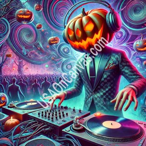 A surreal scene featuring a cool DJ with a pumpkin for a head, spinning records at a lively Halloween party.   Wall decor, Art Prints