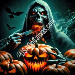 Xcary ghost eating pumpkins - Vintage Farmhouse Decor, Halloween Decor, Farmhouse Art, Framed haloween, Canvas Prints Haloween, Wall decor