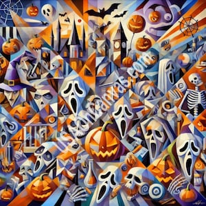A Halloween-themed painting in a Cubist style, with elements such as a spooky atmosphere, costume party, haunted house, pumpkin carving