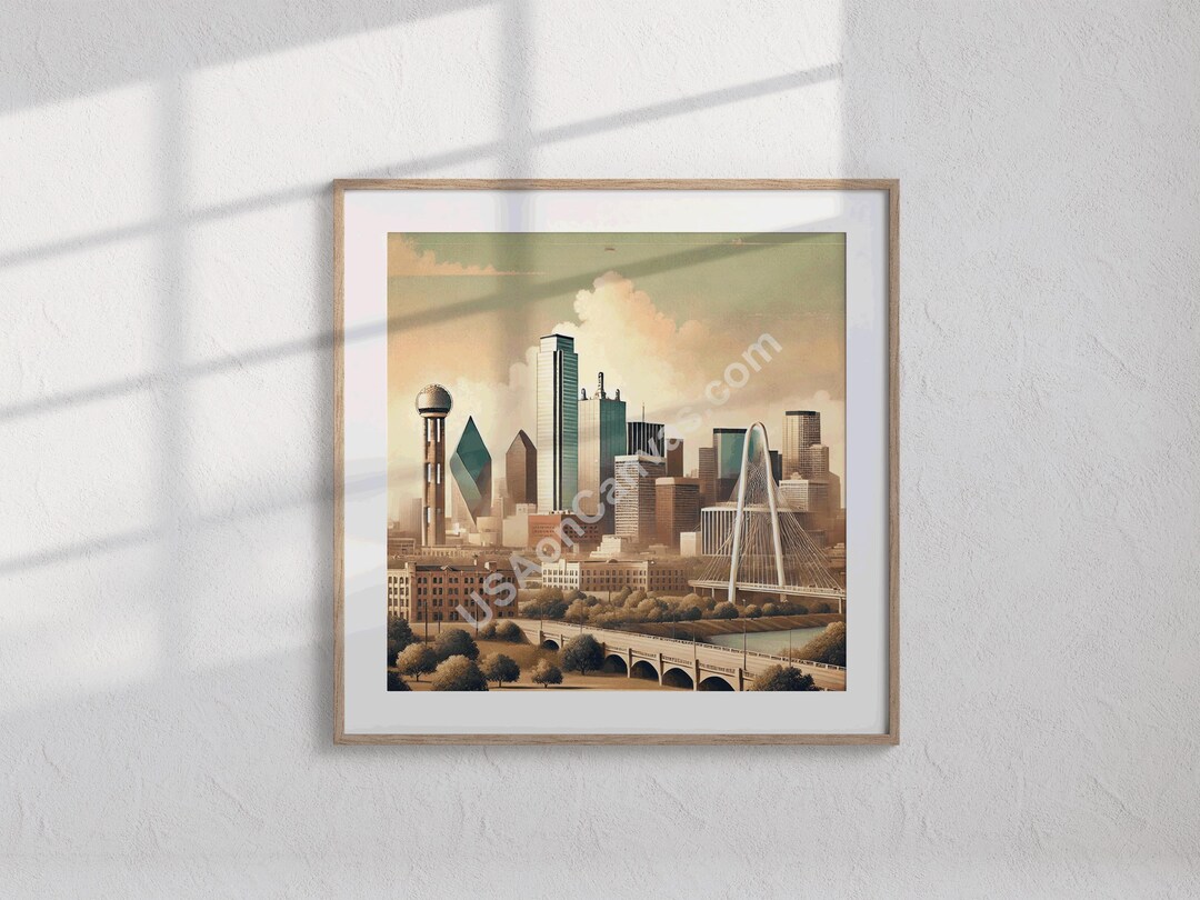 Vintage Dallas Skyline Wall Art | Retro Cityscape Print | Texas ...