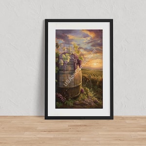 Rustic Vineyard Sunset with Grapes - Lush Wine Barrel Canvas Art - Serene Countryside Landscape Wall Décor - Vineyard Scene for Wine Lovers