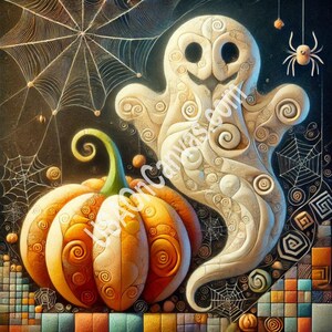 A whimsical, surreal Halloween-themed image featuring a ghost made entirely out of pumpkin   Haloween Wall ART, Home Decor