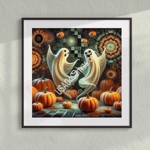 A whimsical, surreal Halloween-themed image featuring two ghosts dancing around multiple pumpkins.. Wall decor, Art Prints