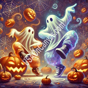 Two ghosts Break dancing , surreal & whimsical Halloween-themed - Vintage Farmhouse Decor,  Farmhouse Art ,Framed haloween Prints