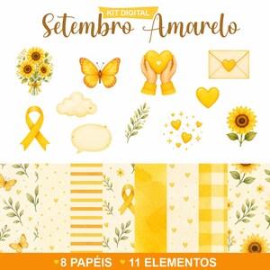 Pode incluir: Um kit digital com gráficos em tons de amarelo, incluindo girassóis, uma borboleta, um coração, um envelope, uma fita, uma nuvem e folhagens. Abaixo, oito papéis estampados com listras, xadrez, corações e flores, rotulados Kit Digital Setembro Amarelo.