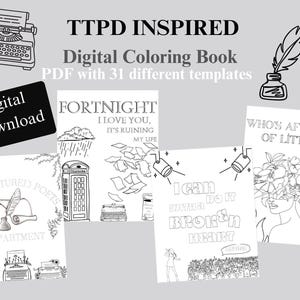 May include: A digital coloring book with 31 templates, inspired by TTPD. The image features various line art designs, including text, illustrations of a typewriter, a quill and ink, and the words "FORTNIGHT" and "BROKEN HEART".