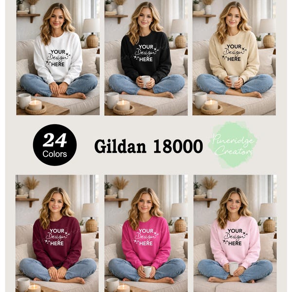 Gildan 18000 Crewneck Sweatshirt Mockup Bundle, 24 Colors (Digital Download)