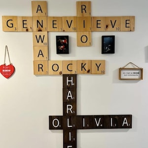 Custom Wood Scrabble Wall Tiles – Personalized Family Crossword Art – Handcrafted Gallery Decor