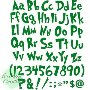 May include: Green font alphabet with uppercase and lowercase letters, numbers, and punctuation marks. The font is bold and playful.
