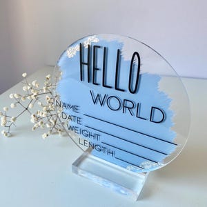 Può includere: Un cartello rotondo in acrilico trasparente con un design ad acquerello blu e bianco. Il cartello dice "Hello World" e ha righe per nome, data, peso e lunghezza.
