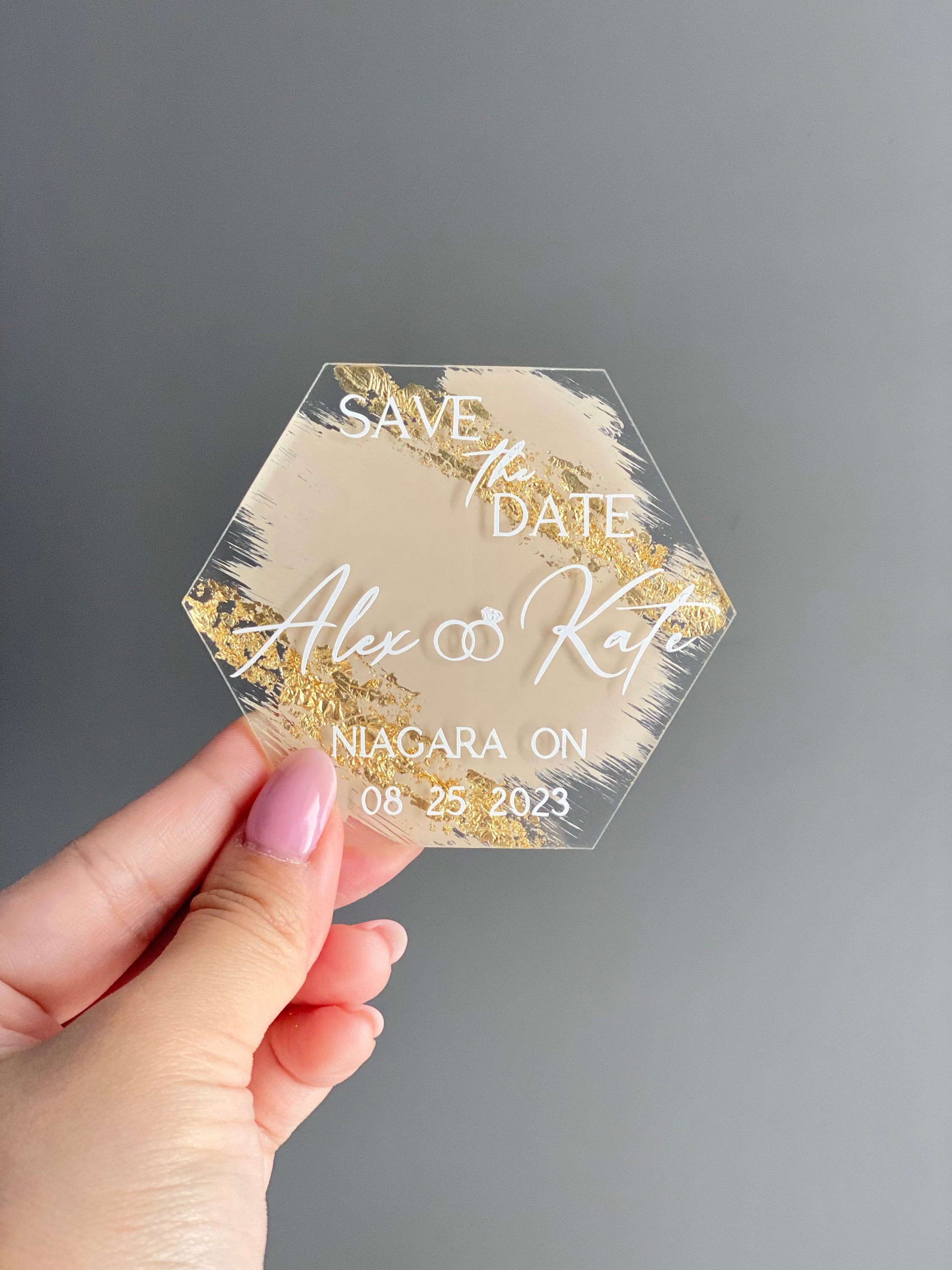 Personalised Gold Acrylic circle Save the Date Magnet and Card