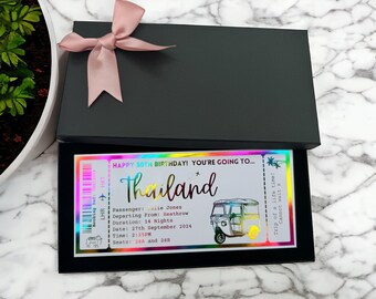 Thailand Holiday Destination Pass Fake Flight Ticket, Personalised Custom Birthday Anniversary Hen Luxury Gift Surprise Reveal Voucher