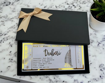 Dubai UAE Holiday Destination Pass Fake Flight Ticket, Personalised Custom Birthday Anniversary Hen Luxury Gift Surprise Reveal Voucher