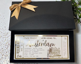 Amsterdam Holiday Plane Destination Pass Fake Flight Ticket Personalised Custom Birthday Anniversary Hen Luxury Gift Surprise Reveal Voucher