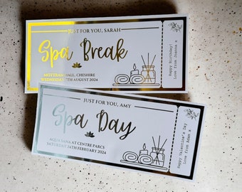 Spa Gift Any Personalised Foil Ticket, Mother's Day, Luxury Keepsake Ticket, Surprise, Gift, Concert, Voucher