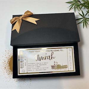 Umrah Mecca Holiday Plane Destination Pass Fake Flight Ticket Personalised Custom Birthday Anniversary Luxury Gift Surprise Reveal Voucher